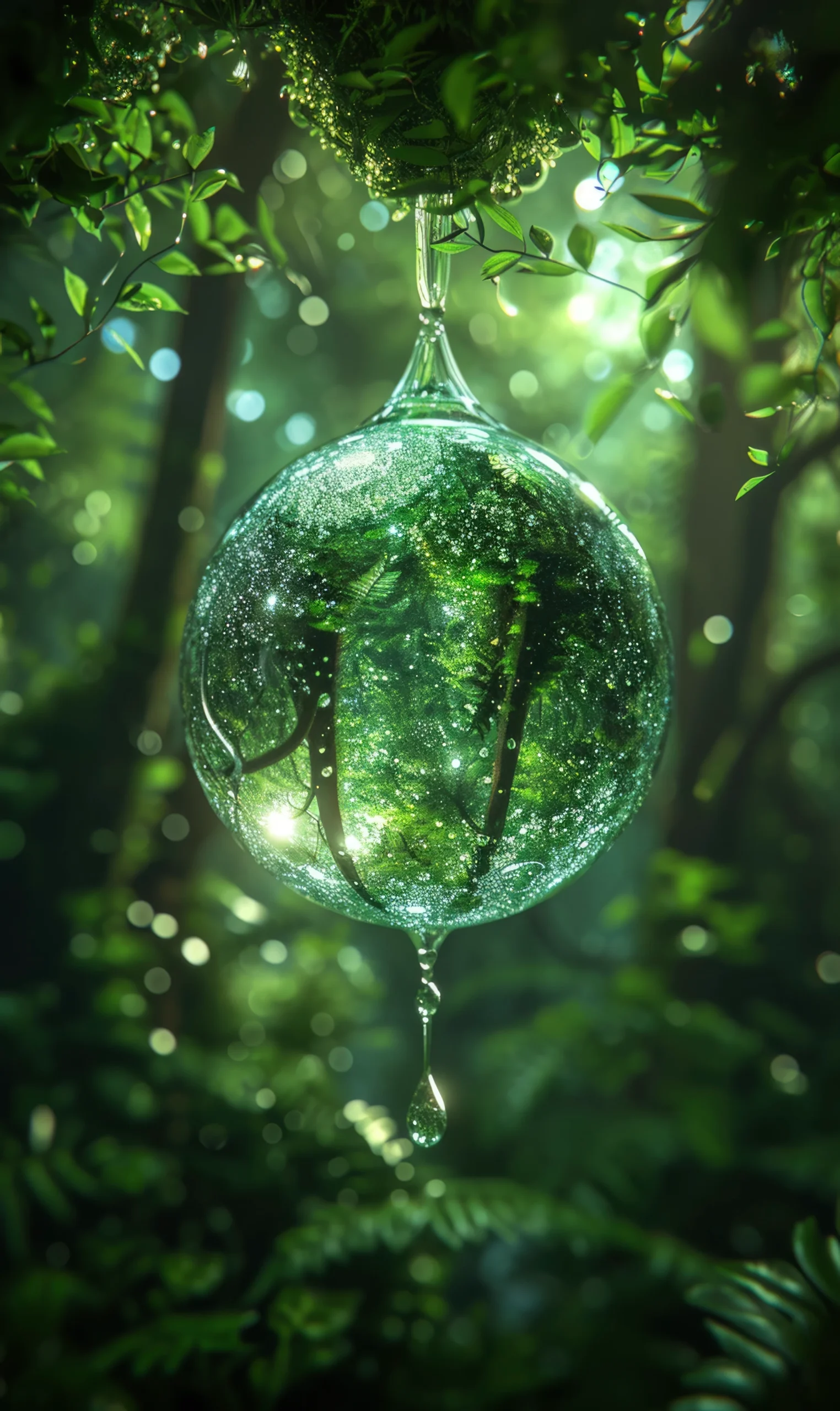 Esfera de cristal colgante en el bosque iluminado por el sol